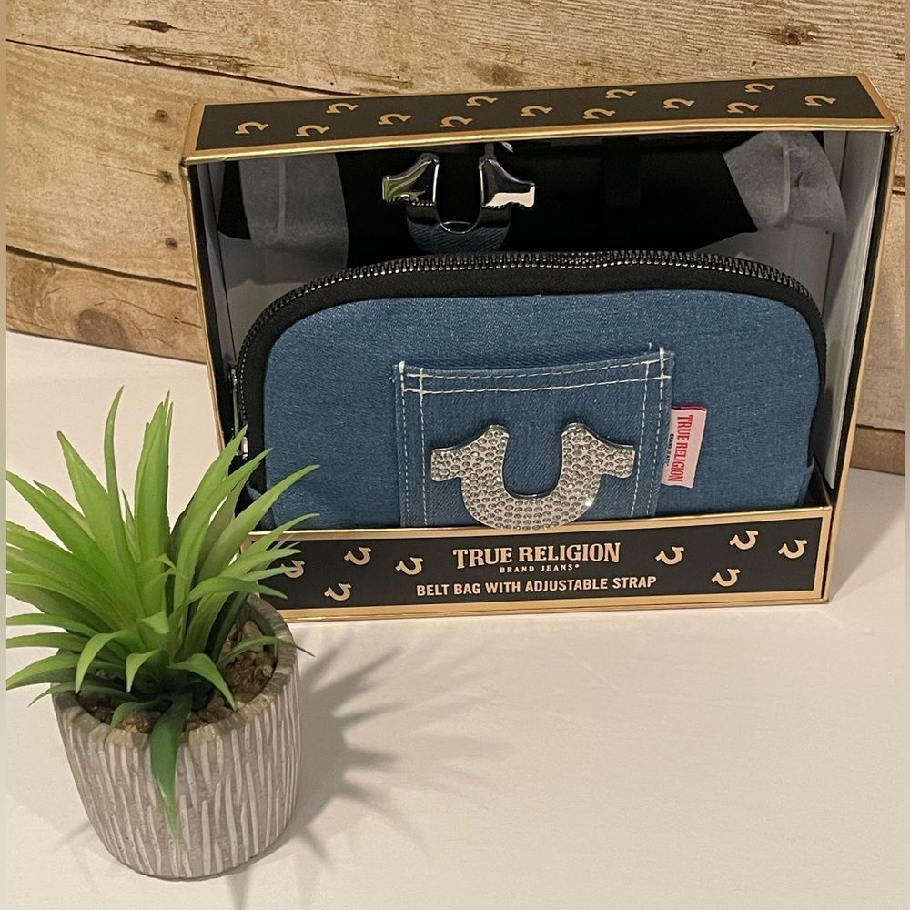 True Religion Denim Belt Bag with Rhinestone Logo